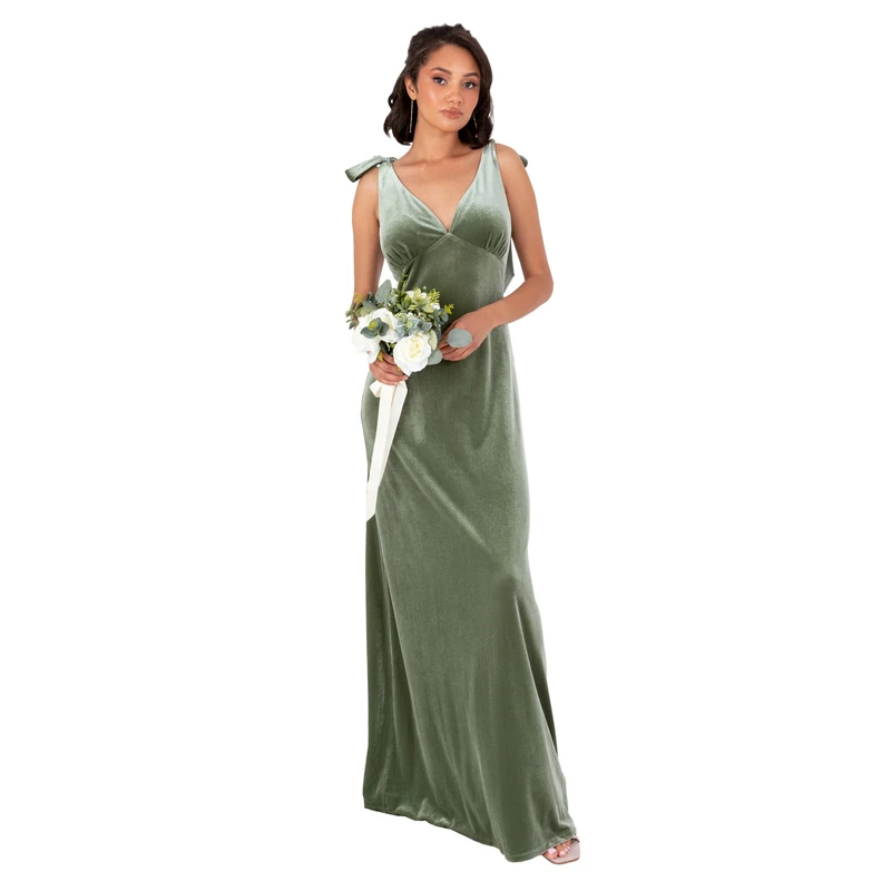 Maya Deluxe Women's Long Velvet Maxi Dress Ladies A-line Flowy Wedding Guest Bridesmaid Evening Occasion Prom Formal Party Ball Gown Dress, Moss Green - Tie Shoulders, 34 - Image 1