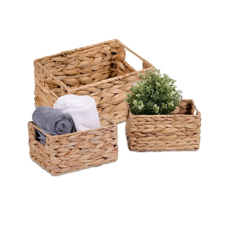 Relaxdays storage basket set, 3 pieces, water hyacinth, 2 sizes, bathroom & decor, woven storage baskets, natural - Image 1