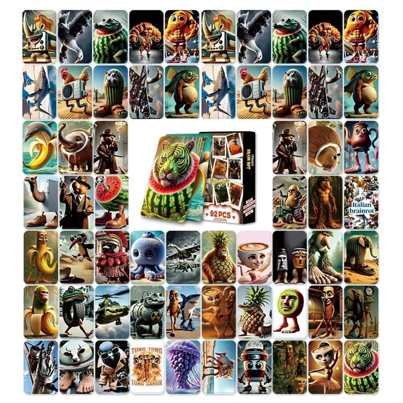 92pc Italian Brainrot Coloring Rot Cards Collection，Tralalero Tralala and Tung Tung Tung Sahur,Famous Fantasy Bizzare Animals，Bizarre and Fun Illustrations