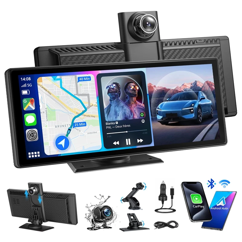 CGSGDK 8.88" Wireless Portable Car Play Screen for Apple CarPlay & Android Auto, 4K Dash Cam, 1080p Backup Camera, Loop Recording, Mirror Link, Voice Control, GPS Navigation, Bluetooth, FM/AUX