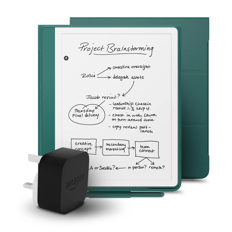 Kindle Scribe (2024 Release) 64 GB + Amazon Dark Emerald Premium Leather Cover + Amazon Powerfast 9W Power Adapter