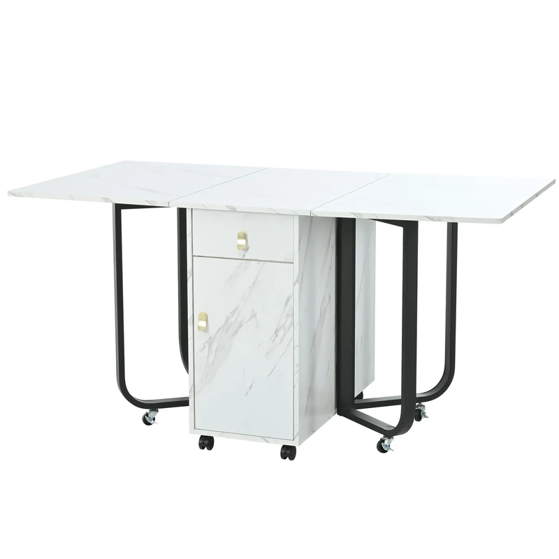 FurnitureR Folding Dining Table with Storage Cabinet, 176 x 80 cm, Mobile Kitchen Utility Table with Drawers, White and Black