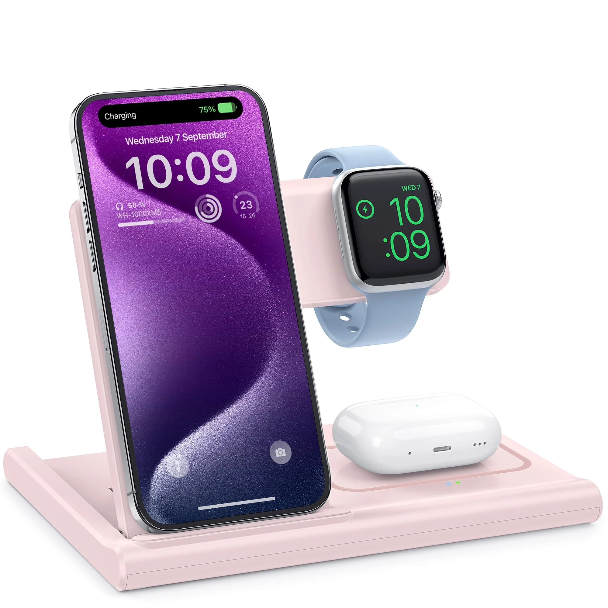 EXW Charging Station,3 in 1 Wireless Charger for iPhone 17/16/15/14/13Pro/12/11/XR/8, Fast Charger for Airpods Pro/3/2 and iWatch (Not Adapter,Pink)