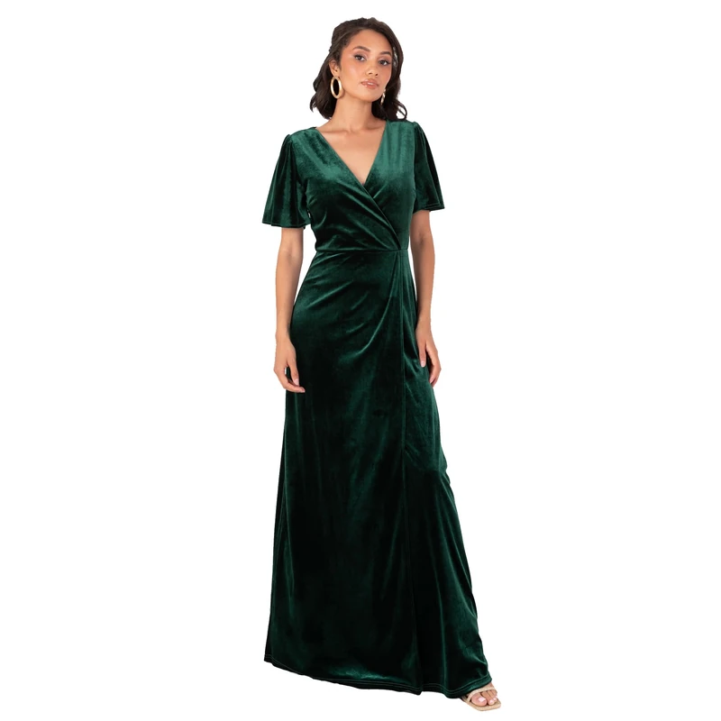 Maya Deluxe Women's Long Velvet Maxi Dress Ladies A-Line Flowy Wedding Guest Bridesmaid Evening Occasion Prom Formal Party Ball Gown Dress, Emerald Green/Wrap, 12, Women's