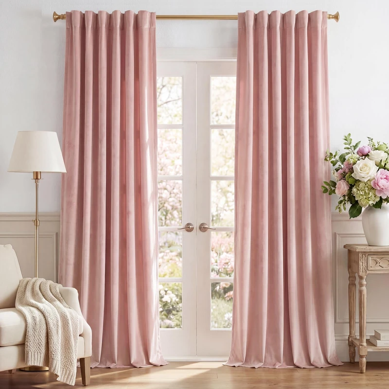 StangH Baby Pink Velvet Curtains 96 Inches Long, Room Darkening Super Soft Drapes with Rod Pocket Back Tab Styling for Living Room Bedroom, Thermal Insulated Window Treatment, W52 x L96 inch, 2 Panels