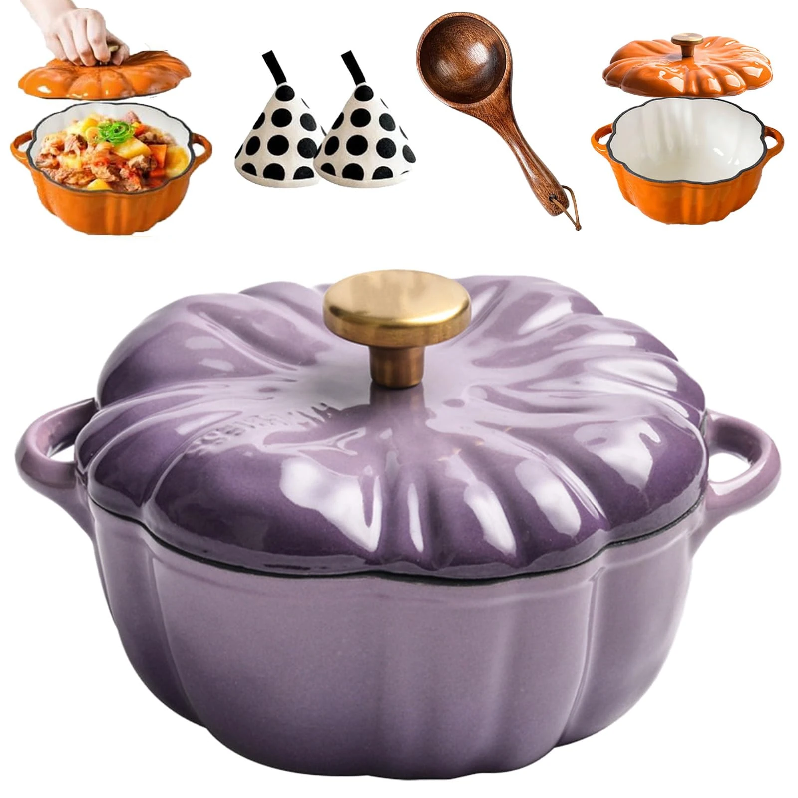 Enameled Cast Iron Pumpkin Dutch Ovens, Pumpkin Dutch Oven with Lid Covered Stockpots, Double Handle, 4-Quart Non-Stick, Safe for All Stovetops, Fall Thanksgiving Decor (Purple A,6.2in)