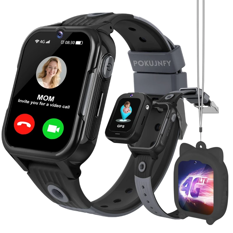 POKUJNFY 4G Kids Smart Watch with GPS Tracker Video Call Phone SOS Whatsapp Games Camera Step Counter School Mode Alarm Clock Pedometer Digital Waterproof Gifts Watches for Girls Boys