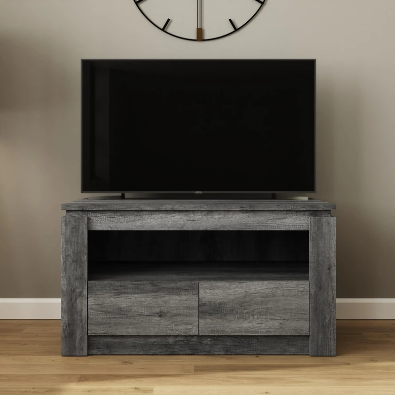 Canyon Grey 2 Drawer TV Unit Charcoal Wood Effect Media Stand Modern Storage