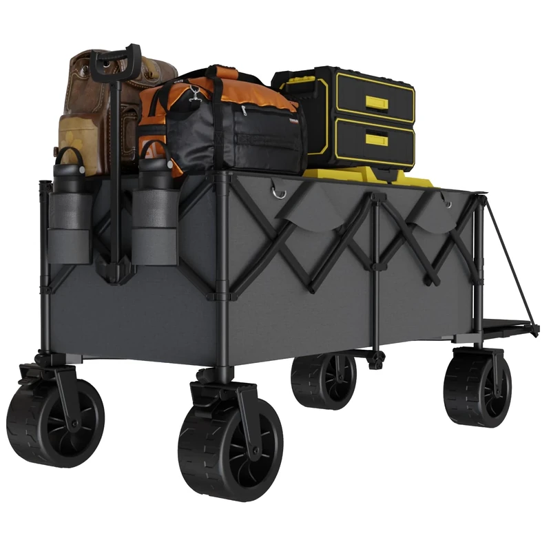 JUMMICO 332L Folding Festival Trolley with Adjustable Tailgate, 360° All-Terrain Wheels, Heavy Duty Camping & Beach Cart, 180KG Load, Garden Pull Along Trolley, Grey