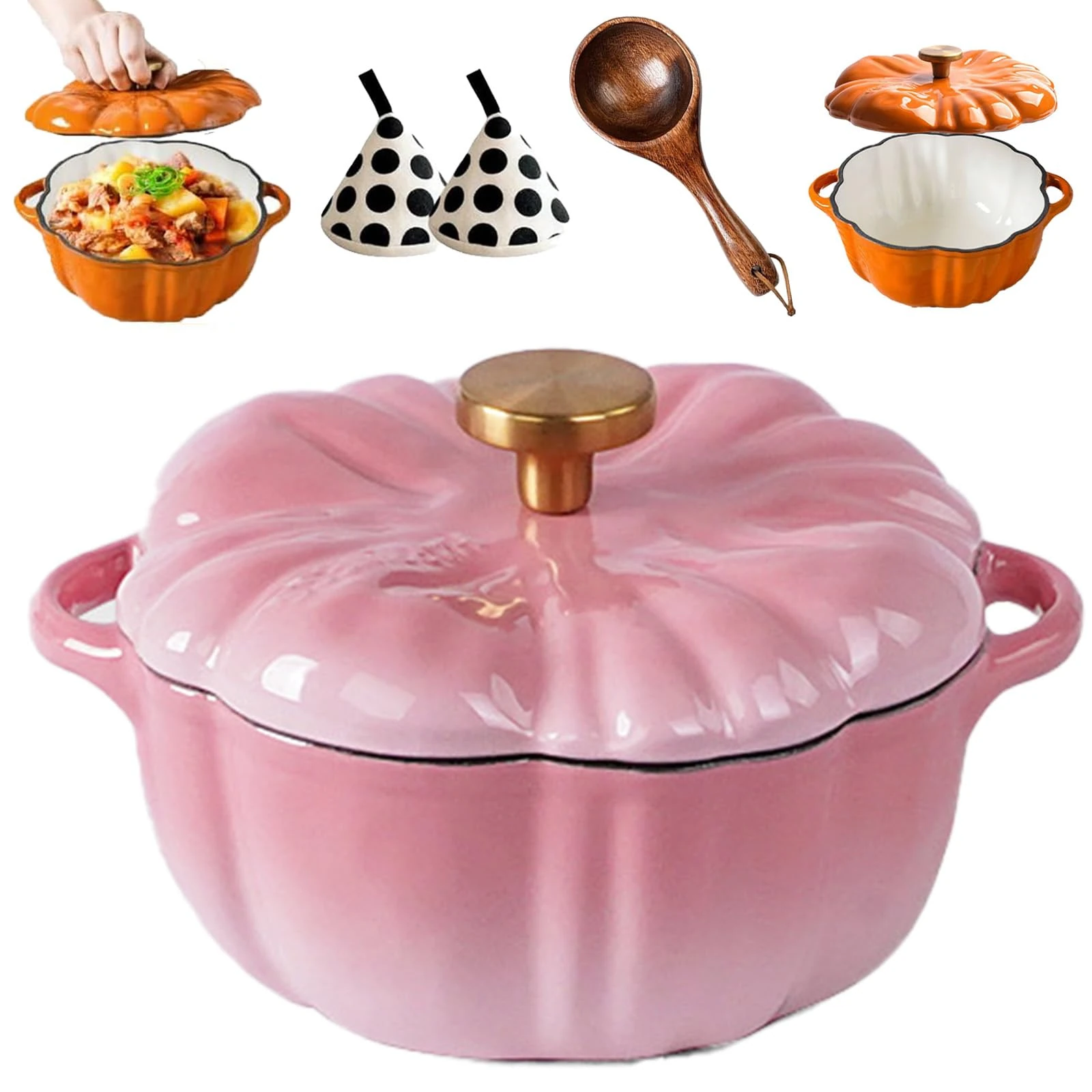 Enameled Cast Iron Pumpkin Dutch Ovens, Pumpkin Dutch Oven with Lid Covered Stockpots, Double Handle, 4-Quart Non-Stick, Safe for All Stovetops, Fall Thanksgiving Decor (Pink,6.2in)