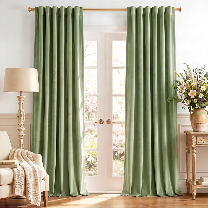StangH Retro Green Velvet Curtains Room Darkening, 52x108 Inches, Super Soft Velvet Drapes with Rod Pocket Back Tab, Thermal Insulated Window Treatment for Bedroom, Living Room, 2 Panels