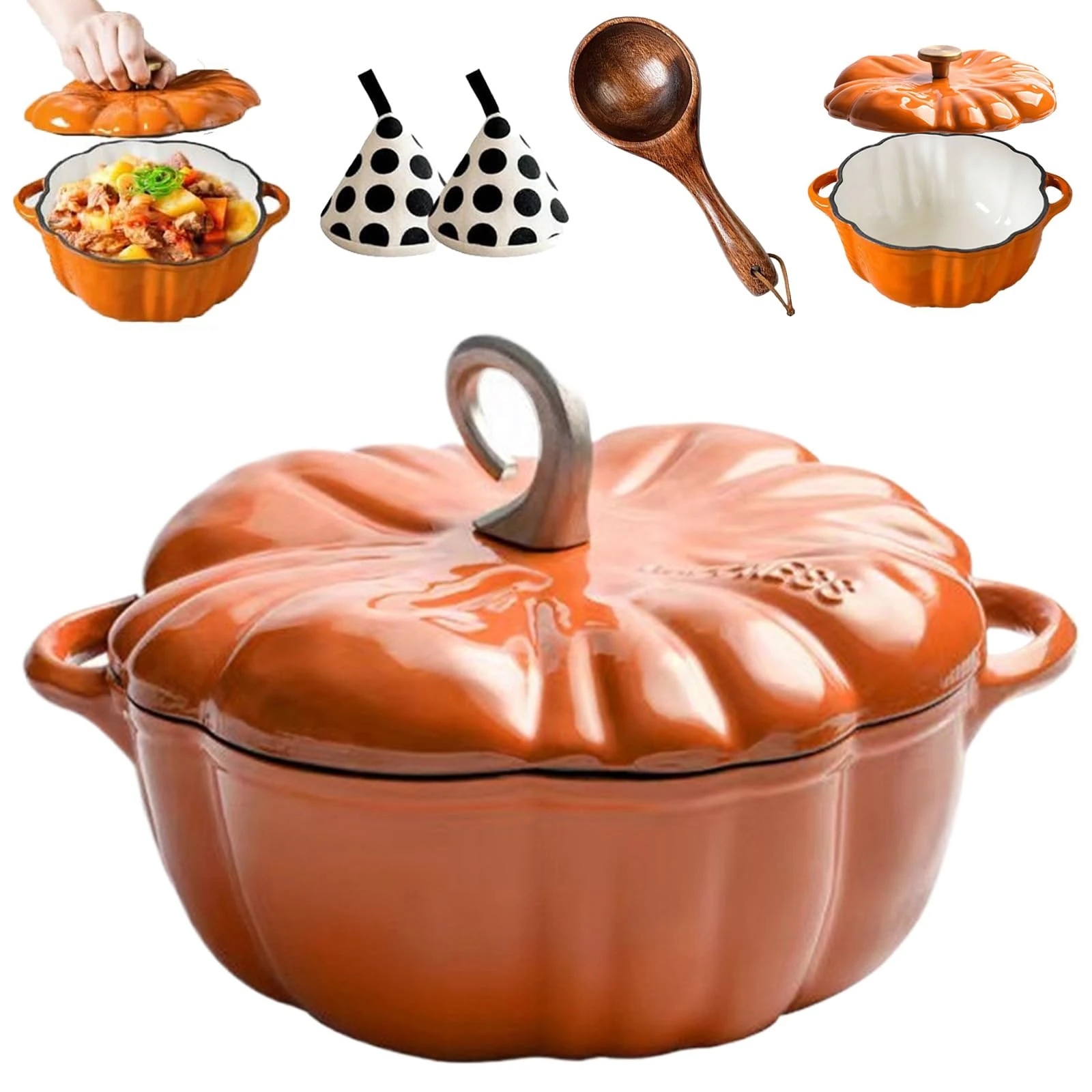 Enameled Cast Iron Pumpkin Dutch Ovens, Pumpkin Dutch Oven with Lid Covered Stockpots, Double Handle, 4-Quart Non-Stick, Safe for All Stovetops, Fall Thanksgiving Decor (Orange B,7.9in)