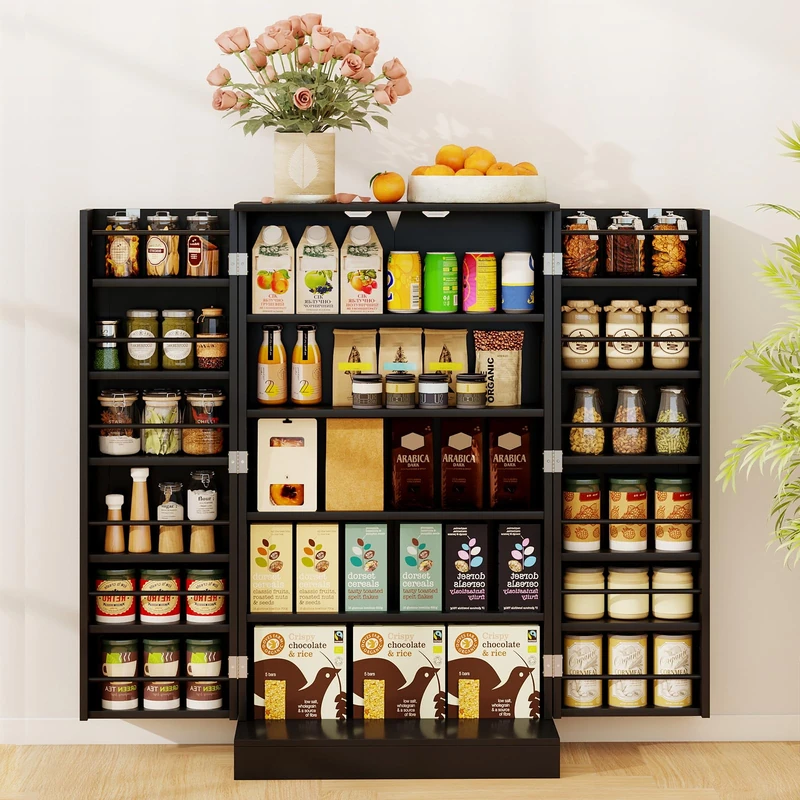 GiantexUK Kitchen Cupboard, Wooden Buffet Pantry Cabinet with 17 Shelves and 2 Doors, Multifunctional Storage Organizer for Living Room Dinning Room (Black, 59 x 30 x 104cm)