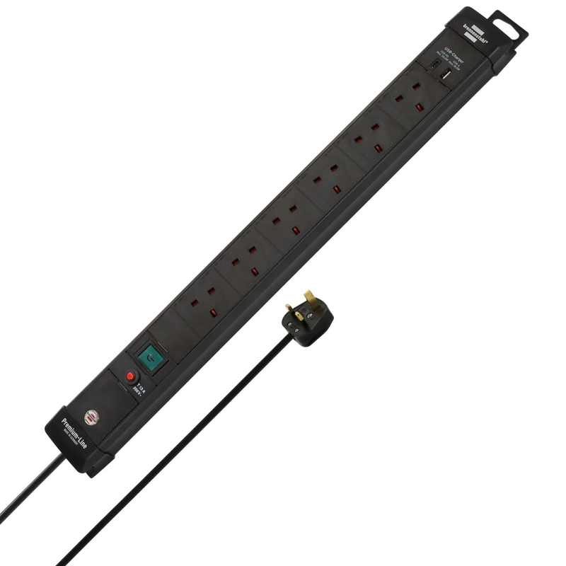 Brennenstuhl Premium-Line Power Strip with 6 sockets and USB C PD 30W and USB A 18W (Made in Germany, Extension Lead with 3m cable and switch, wall-mounted Power Strip) black