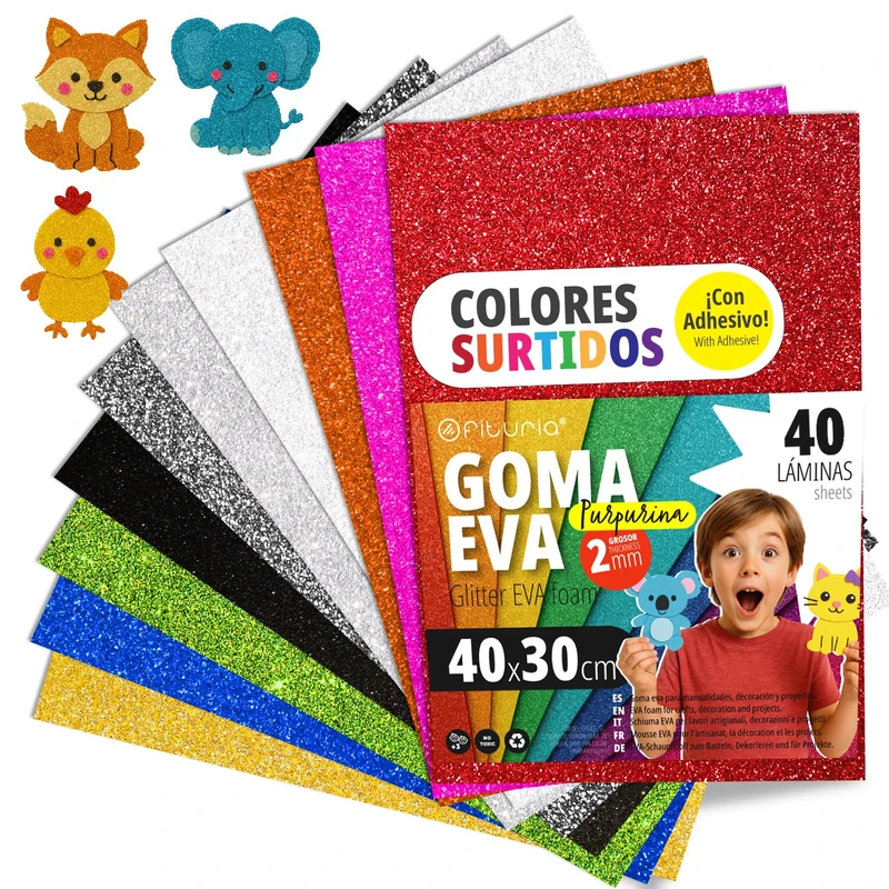 OFITURIA Eva Foam Glitter for Creative Crafts, Glitter Foam Sheets for DIY, School Projects, Decorative Art, Scrapbooking 40 x 30 cm (Assorted 10 Colours, 40 Pcs)