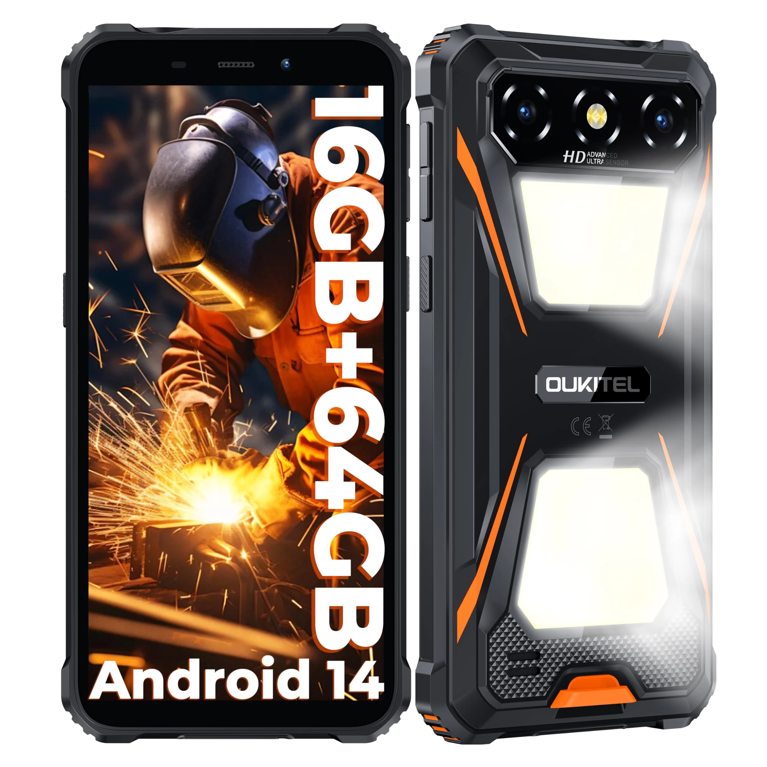 OUKITEL G5 Rugged Smartphone – Android 14 Rugged Phones with Camping Light, 16GB RAM+64GB ROM/1TB Mobile Phones, 6300mAh Battery 6" HD+ Display Tough Phone, 5G WiFi/BT5.0/OTG/GPS, Orange