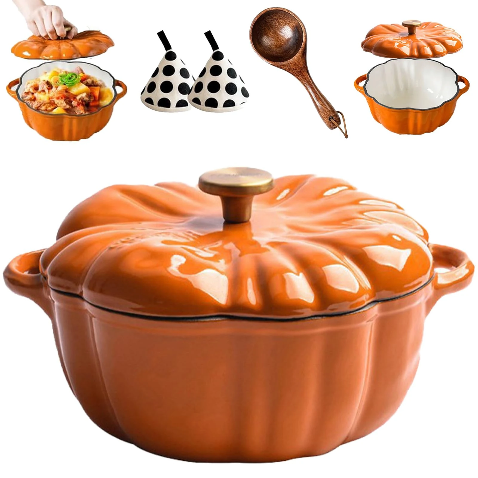 Enameled Cast Iron Pumpkin Dutch Ovens, Pumpkin Dutch Oven with Lid Covered Stockpots, Double Handle, 4-Quart Non-Stick, Safe for All Stovetops, Fall Thanksgiving Decor (Orange A,6.2in)