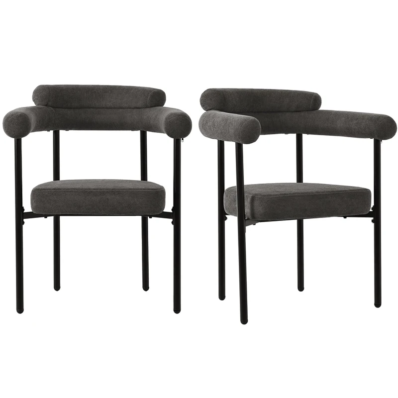 FurnitureR Ergonomic Dining Chairs Set of 2, Grey Faux Suede Upholstered, Lumbar Support Armchairs with Metal Frame, 85 cm Height