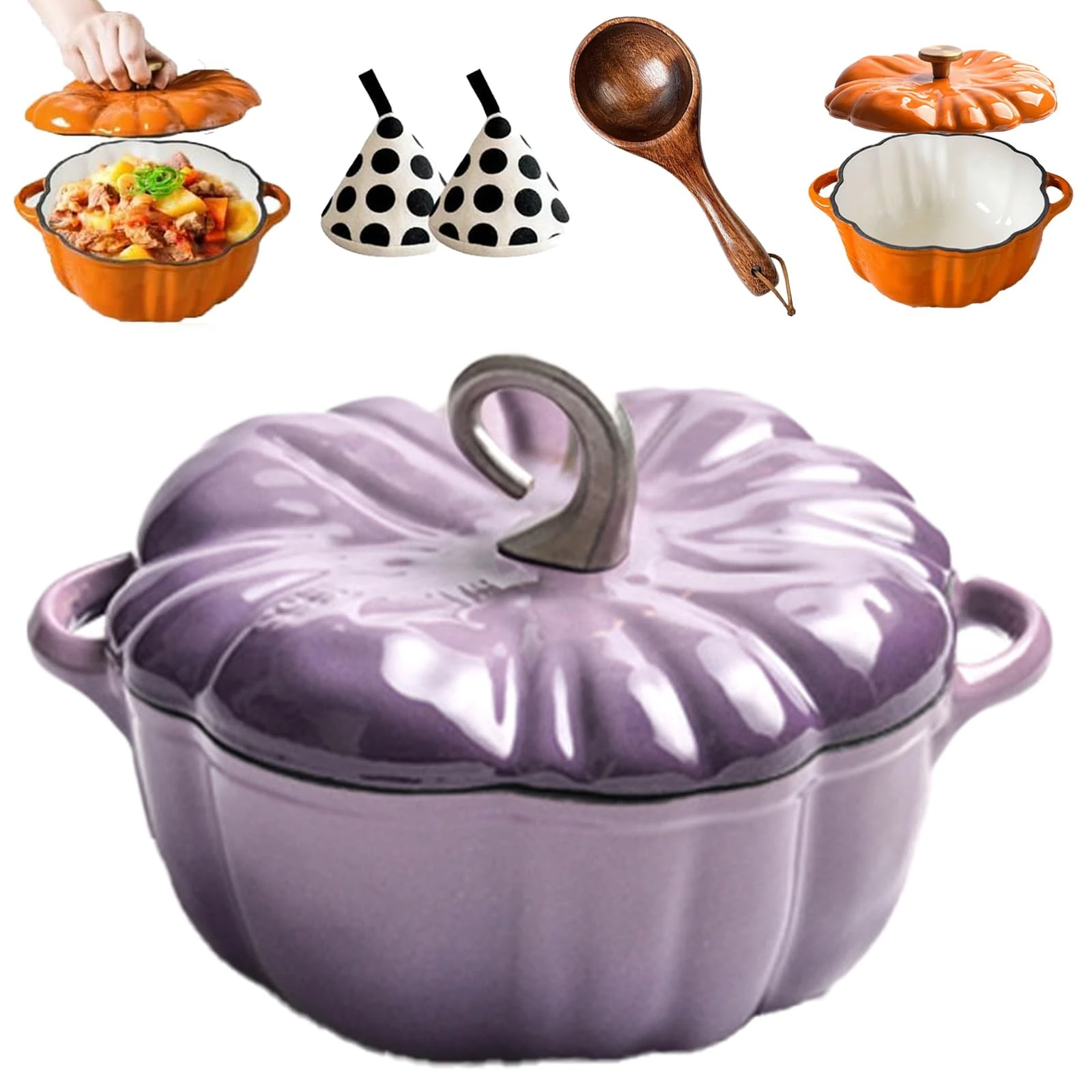 Enameled Cast Iron Pumpkin Dutch Ovens, Pumpkin Dutch Oven with Lid Covered Stockpots, Double Handle, 4-Quart Non-Stick, Safe for All Stovetops, Fall Thanksgiving Decor (Purple B,7.9in)