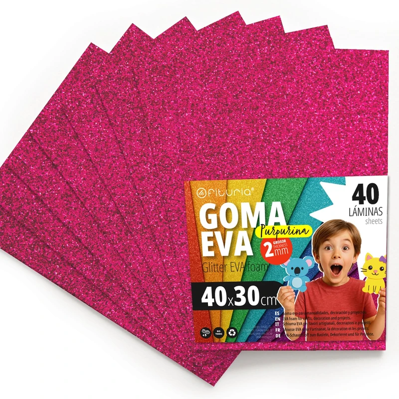 OFITURIA Glitter Eva Foam for Creative Crafts, Glitter Foam Sheets for DIY, School Projects, Decorative Art, Scrapbooking 40 x 30 cm (Fuchsia Glitter, 40 Pcs)
