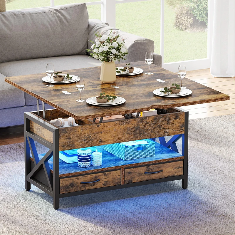 YITAHOME Lift up Coffee Table with Storage, Extendable Dining Table with 2 Drawers and LED Light for Living Room,90X50X51.5CM
