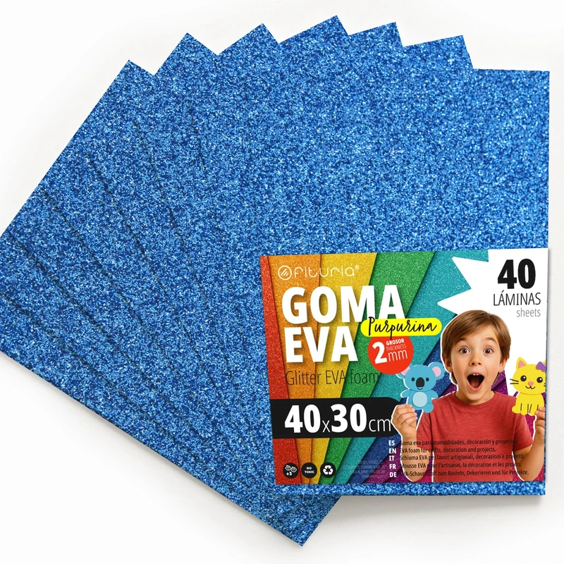 OFITURIA Glitter Eva Rubber for Creative Crafts, Glitter Foam Sheets for DIY, School Projects, Decorative Art, Scrapbooking 40 x 30 cm (Blue Glitter, 40 pcs)