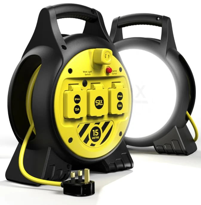 SLx Extension Lead 15m with LED Worklight 3 Socket Heavy Duty Cable Reel 2000 Lumen Bright LED IP44 Rated UK 13A Fused Plug Socket with Thermal Cut-Out