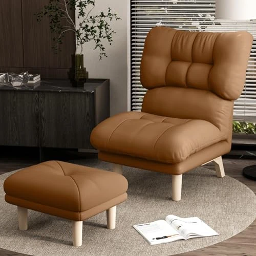 Comfortable Armless Lounge Chair with Adjustable Backrest and Ottoman for Living Room - Modern White Padded Design