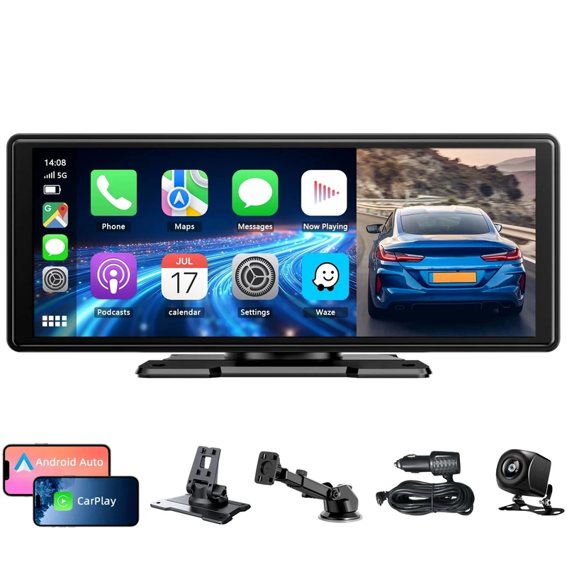 10.26" Wireless Car Stereo for Apple Carplay & Android Auto, Portable IPS Touch Screen with 1080P Rear Camera, Bluetooth/Voice Control/Mirror Link/GPS Navigation/FM/AUX/WiFi