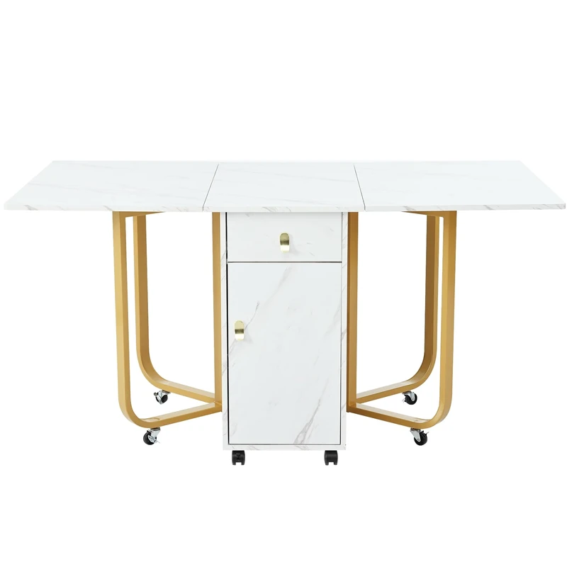 FurnitureR Folding Dining Table with Storage Cabinet, Marble Effect Top, Gold Metal Frame, Mobile with Wheels, 150x80cm, Kitchen Room