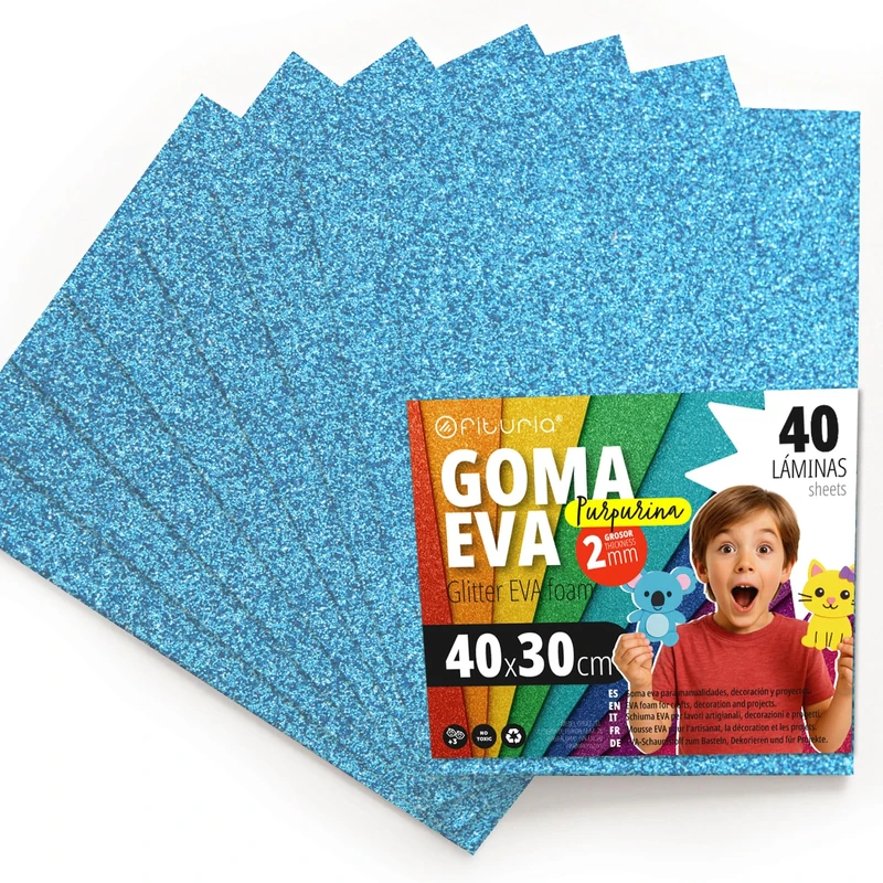 OFITURIA Glitter Eva Rubber for Creative Crafts, Glitter Foam Sheets for DIY, School Projects, Decorative Art, Scrapbooking 40 x 30 cm (Light Blue Glitter, 40 Pcs)