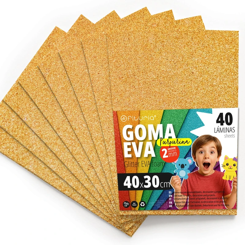 OFITURIA Glitter Eva Rubber for Creative Crafts, Glitter Foam Sheets for DIY, School Projects, Decorative Art, Scrapbooking 40 x 30 cm (Gold Glitter, 40 pcs)