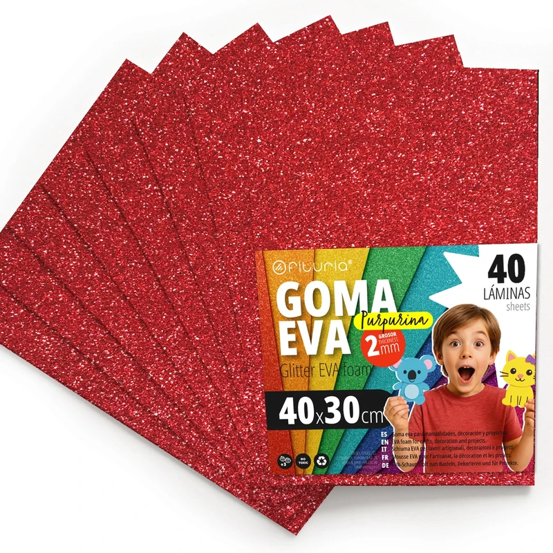 OFITURIA Glitter Eva Rubber for Creative Crafts, Glitter Foam Sheets for DIY, School Projects, Decorative Art, Scrapbooking 40 x 30 cm (Red Glitter, 40 pcs)