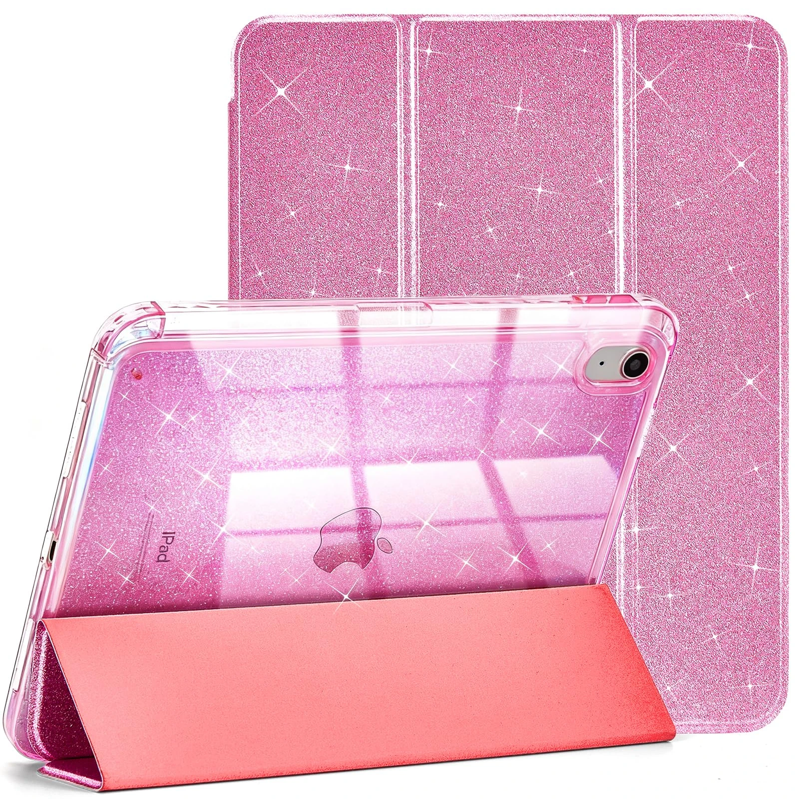 Case for iPad A16 11th Generation 11 Inch 2025, iPad 10th Generation 10.9 Inch 2022 with Pencil Holder, Hard PC Transparent Back Shell with Cute Glitter Design, Rose Red