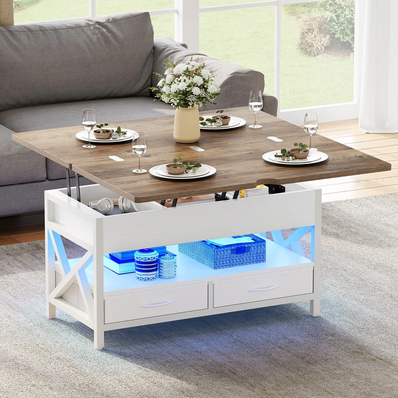 YITAHOME Lift up Coffee Table with Storage, Extendable Dining Table with 2 Drawers and LED Light for Living Room,90X50X51.5CM