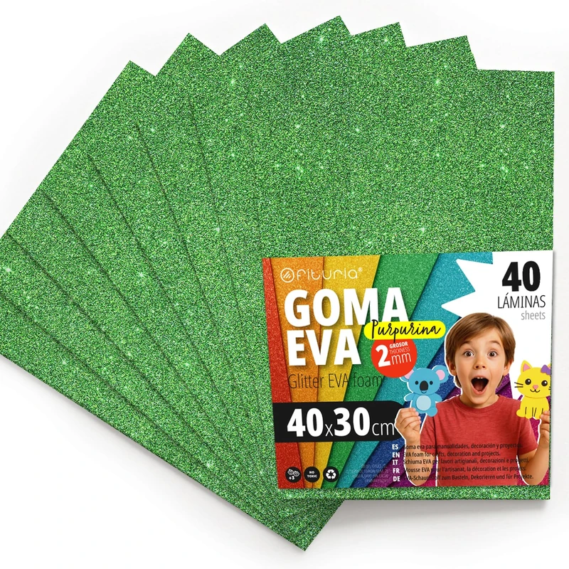 OFITURIA Glitter Eva Rubber for Creative Crafts, Glitter Foam Sheets for DIY, School Projects, Decorative Art, Scrapbooking 40 x 30 cm (Green Glitter, 40 pcs)
