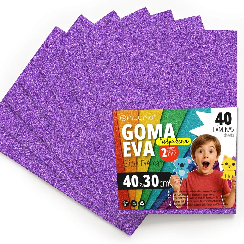 OFITURIA Glitter Eva Rubber for Creative Crafts, Glitter Foam Sheets for DIY, School Projects, Decorative Art, Scrapbooking 40 x 30 cm (Purple Glitter, 40 Pcs)