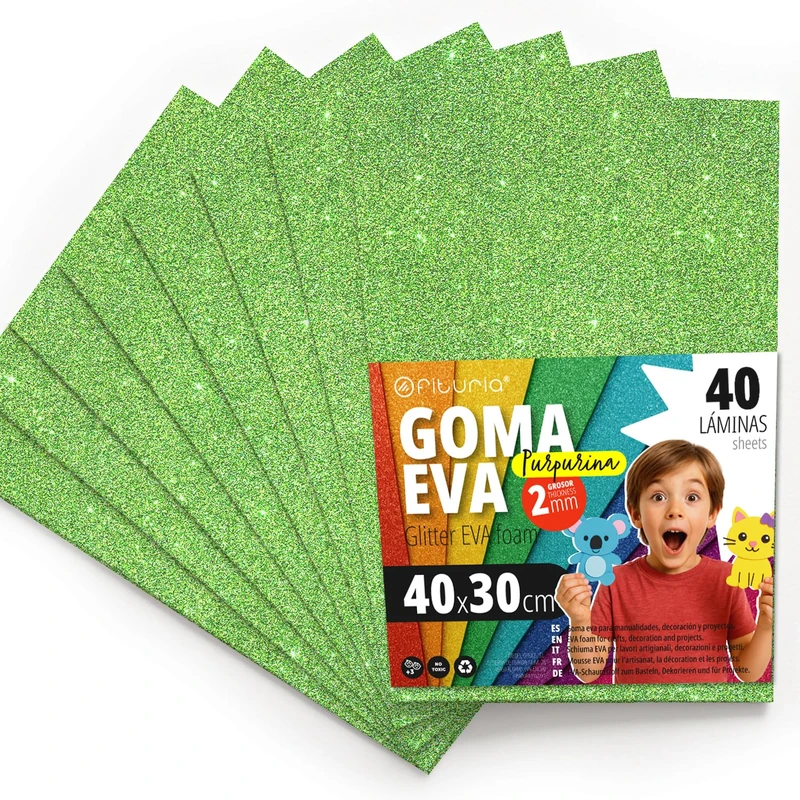OFITURIA Glitter Eva Rubber for Creative Crafts, Glitter Foam Sheets for DIY, School Projects, Decorative Art, Scrapbooking 40 x 30 cm (Light Green Glitter, 40 Pcs)