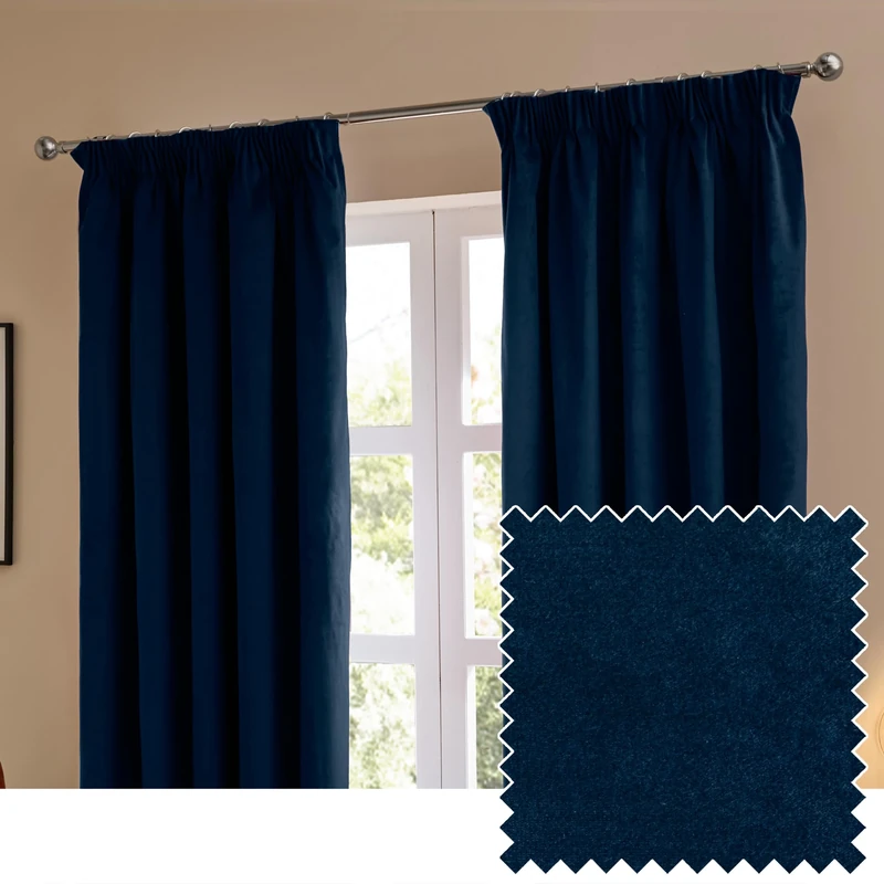 furn. The Ultimate Velvet Blackout Pencil Pleat Curtain Pair – Soft Stylish Light Blocking Thermal Matte Velvet Drapes (Royal - 229x137cm)