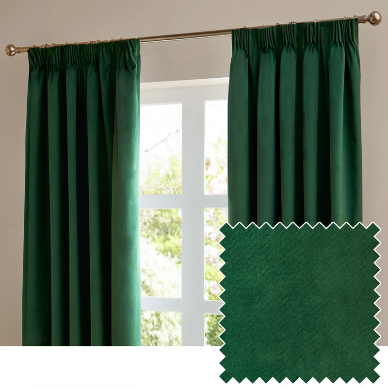 furn. The Ultimate Velvet Pencil Pleat Curtain Pair – Soft Stylish Room Darkening Matte Velvet Drapes (Emerald - 229x229cm)