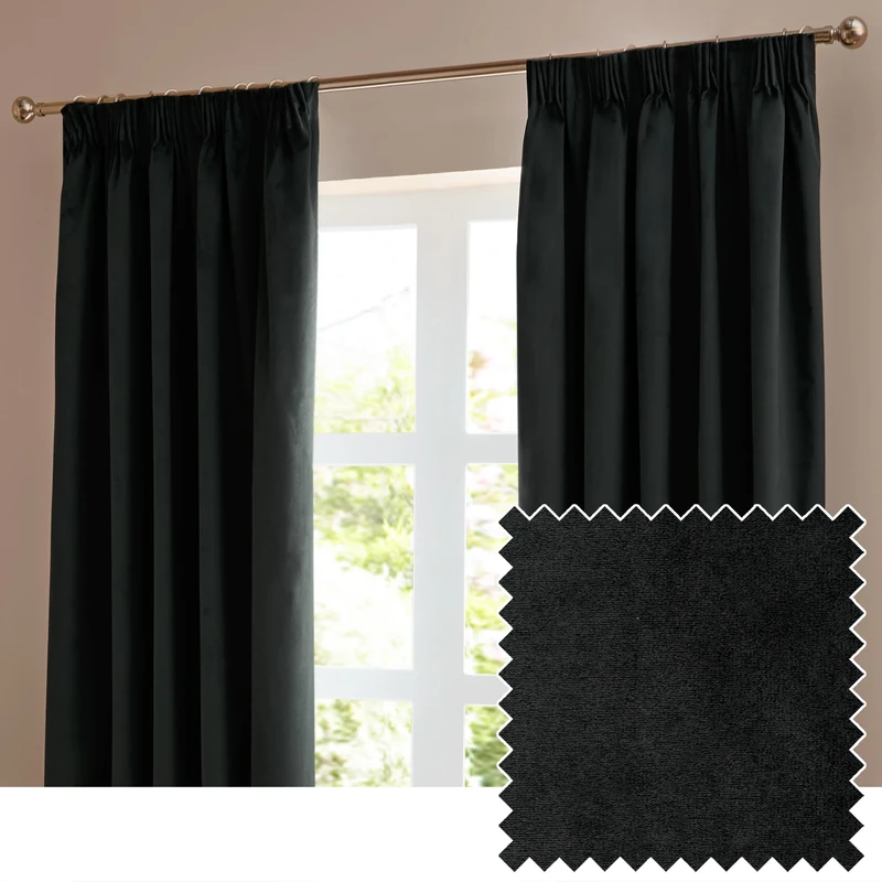 furn. The Ultimate Velvet Pencil Pleat Curtain Pair – Soft Stylish Room Darkening Matte Velvet Drapes (Black - 168x229cm)