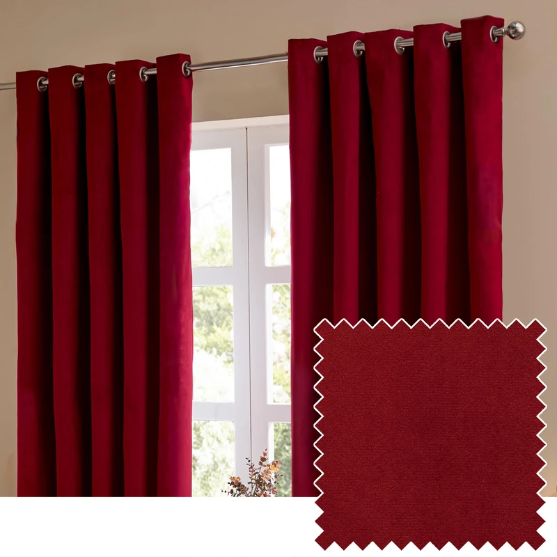 furn. The Ultimate Velvet Blackout Eyelet Curtain Pair – Soft Stylish Light Blocking Thermal Matte Velvet Drapes (Burgundy - 117x183cm)