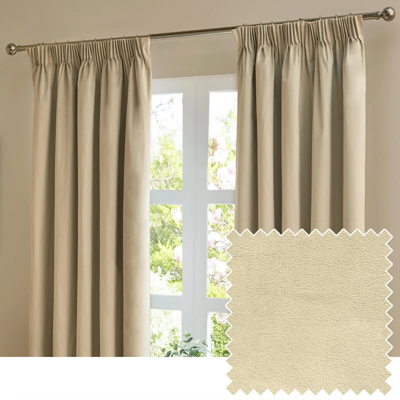 furn. The Ultimate Velvet Blackout Pencil Pleat Curtain Pair – Soft Stylish Light Blocking Thermal Matte Velvet Drapes (Natural - 117x183cm)