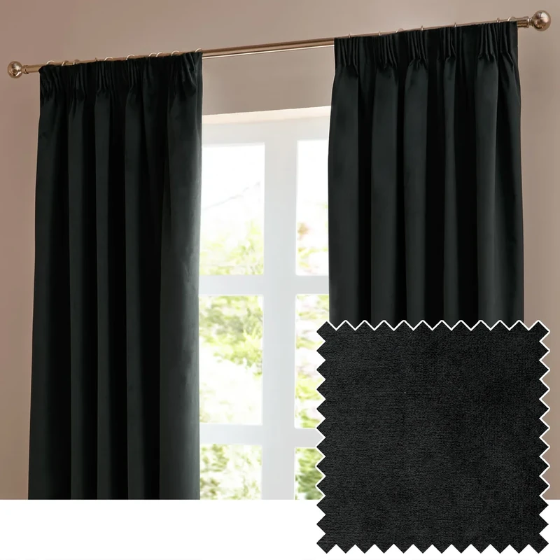furn. The Ultimate Velvet Blackout Pencil Pleat Curtain Pair – Soft Stylish Light Blocking Thermal Matte Velvet Drapes (Black - 168x229cm)