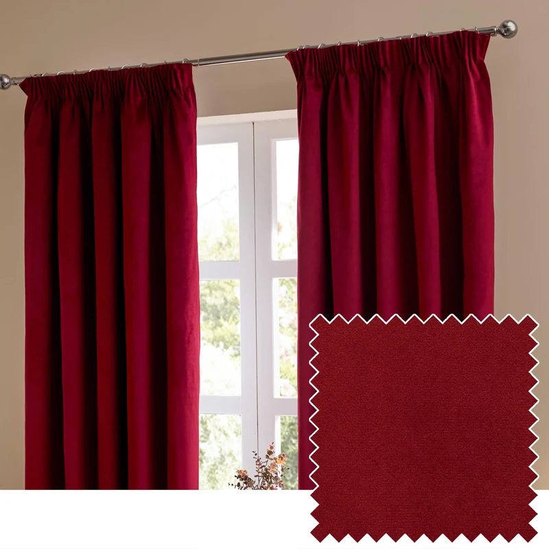furn. The Ultimate Velvet Blackout Pencil Pleat Curtain Pair – Soft Stylish Light Blocking Thermal Matte Velvet Drapes (Burgundy - 168x229cm)