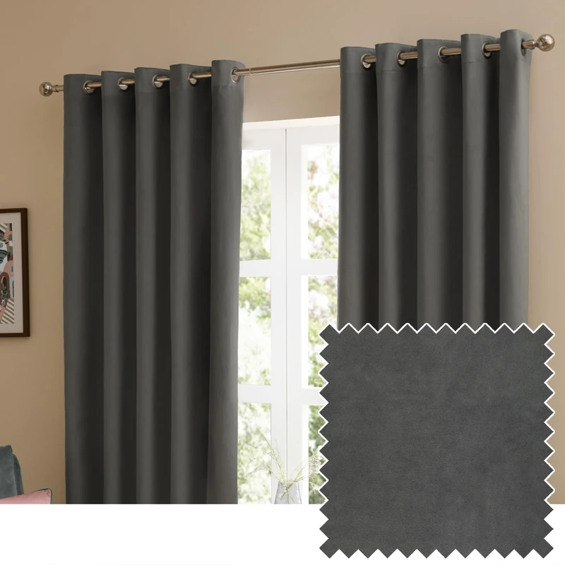 furn. The Ultimate Velvet Eyelet Curtain Pair – Soft Stylish Room Darkening Matte Velvet Drapes (Charcoal - 168x183cm)