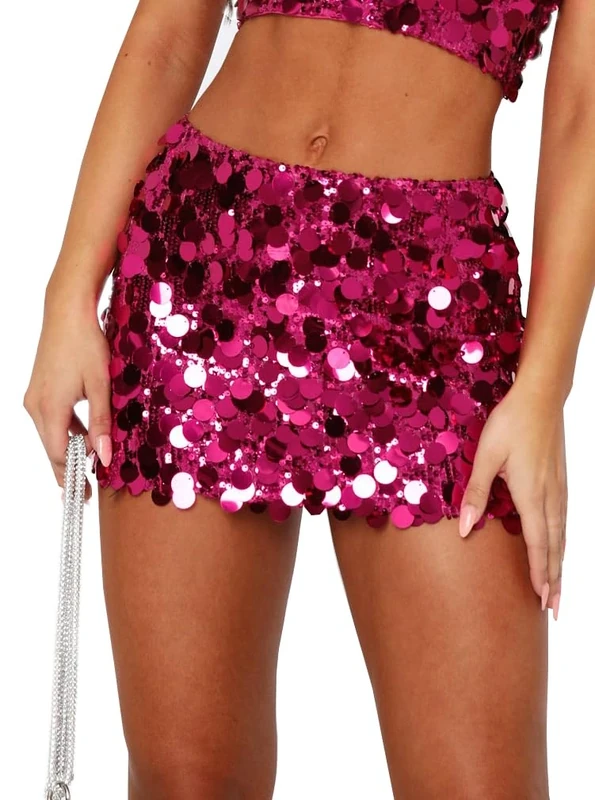 Justalwart Women's Sequin Skirt Sparkle Stretchy Bodycon Mini Party Glitter Skirts, Rose, S