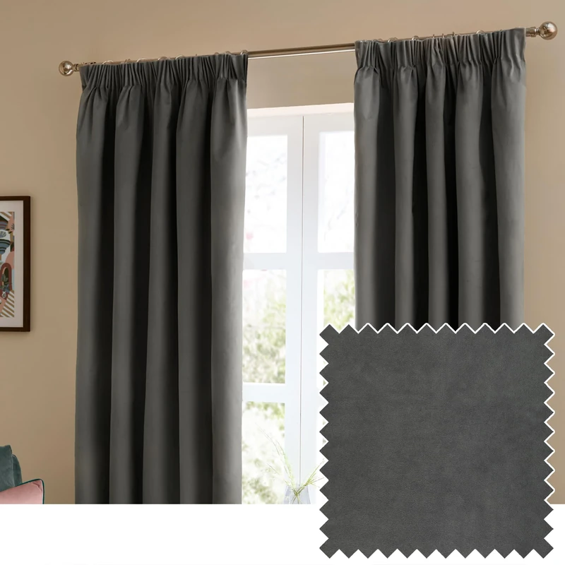 furn. The Ultimate Velvet Blackout Pencil Pleat Curtain Pair – Soft Stylish Light Blocking Thermal Matte Velvet Drapes (Charcoal - 229x229cm)
