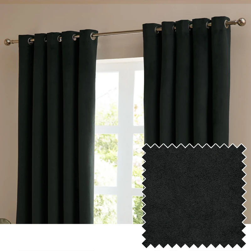 furn. The Ultimate Velvet Blackout Eyelet Curtain Pair – Soft Stylish Light Blocking Thermal Matte Velvet Drapes (Black - 168x183cm)