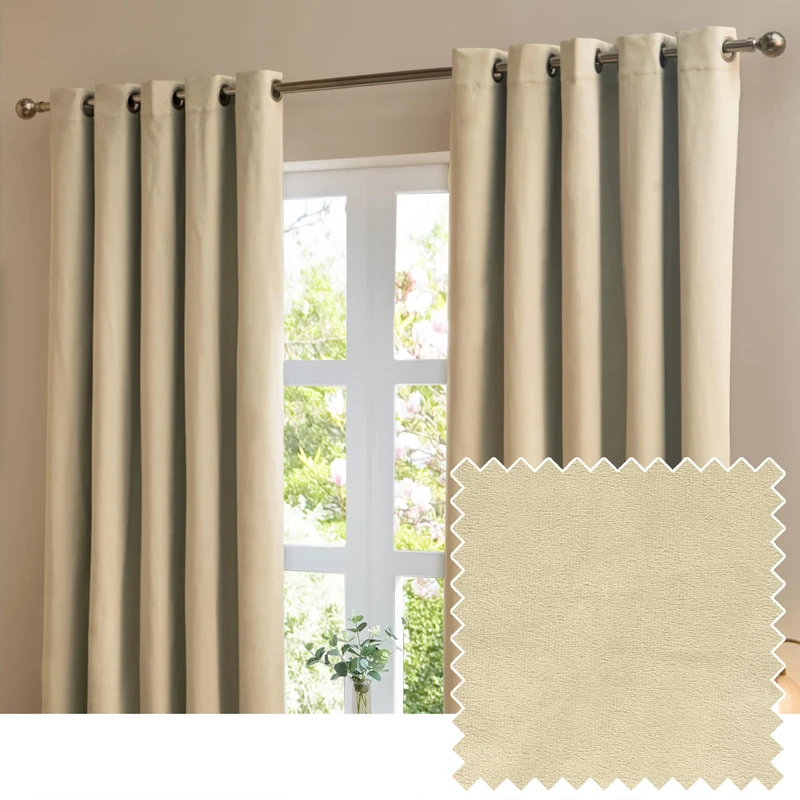 furn. The Ultimate Velvet Blackout Eyelet Curtain Pair – Soft Stylish Light Blocking Thermal Matte Velvet Drapes (Natural - 229x137cm)